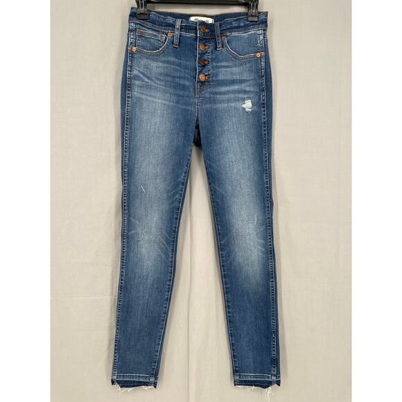 Madewell Jeans 25 High Rise Skinny Button Fly Light Wash Distressed Stretch - Picture 1 of 10